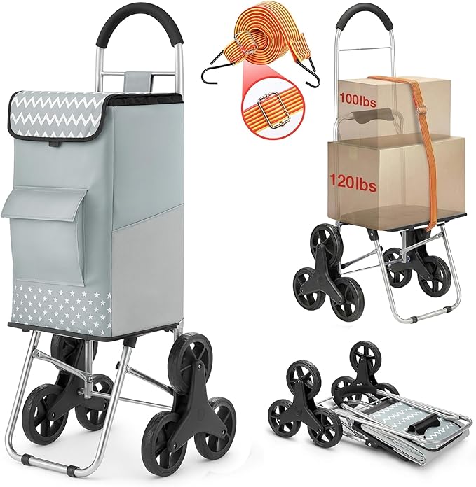Shopping Cart, Super Loading Stair Climber 220 lbs Capacity, Grocery Foldable Trolley with Extra Large Shopping Bag Laundry Utility Cart with Adjustable Bungee Cord (Gray)