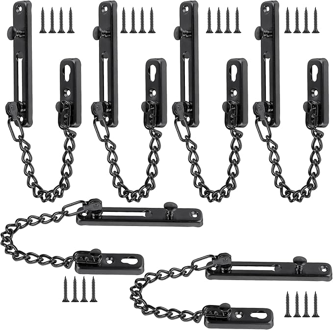 6 Pack Door Chain Lock, KINJOEK Stainless Steel Security Chain Guard with Spring Anti Theft Press Lock, Heavy Duty Polished Door Latch with Screws, Black