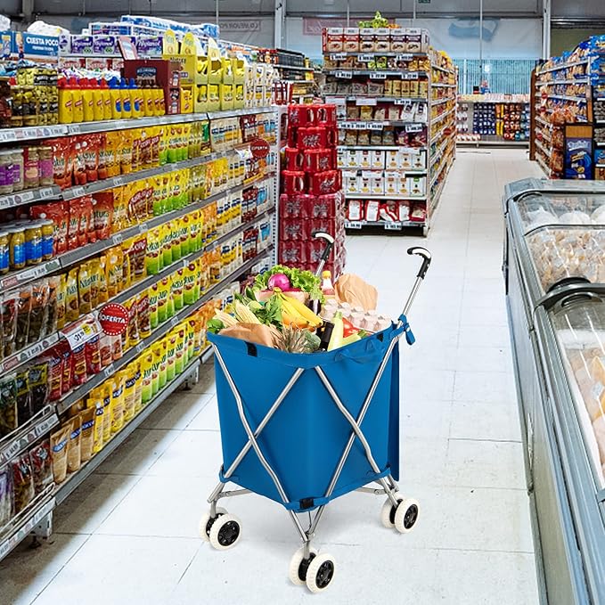 Goplus Folding Shopping Cart with Wheels, Grocery Cart with Removable Oxford Cloth Liner, Lightweight Utility Cart for Groceries Laundry Blue