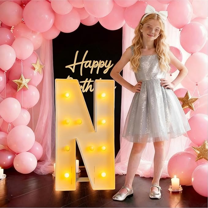 3FT/36 Inch Marquee Light up letters with Warm Lights,White Marquee letter A-Z for Birthday Party Large Mosaic Frame Letter Cardboard Pre-Cut Foam Board Sign Diy Decorations Anniversary (N)