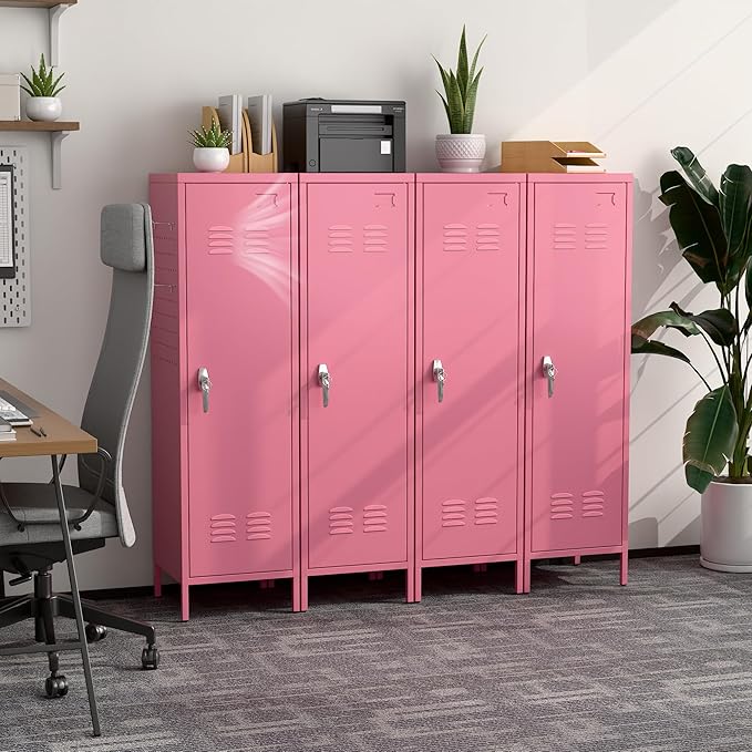 Aobabo 54" H Pink Metal Lockers, Storage Locker Cabinet with Lockable 1 Door and Towel Rack and 2 Side Pegboards with Hooks for Home School Office, Assembly Required
