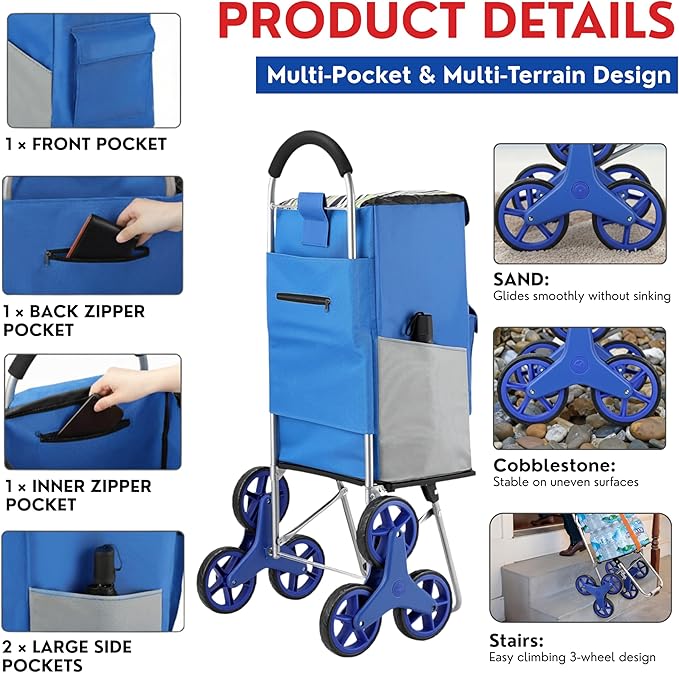 Shopping Cart, Super Loading Stair Climber 220 lbs Capacity, Grocery Foldable Trolley with Extra Large Shopping Bag Laundry Utility Cart with Adjustable Bungee Cord, blue