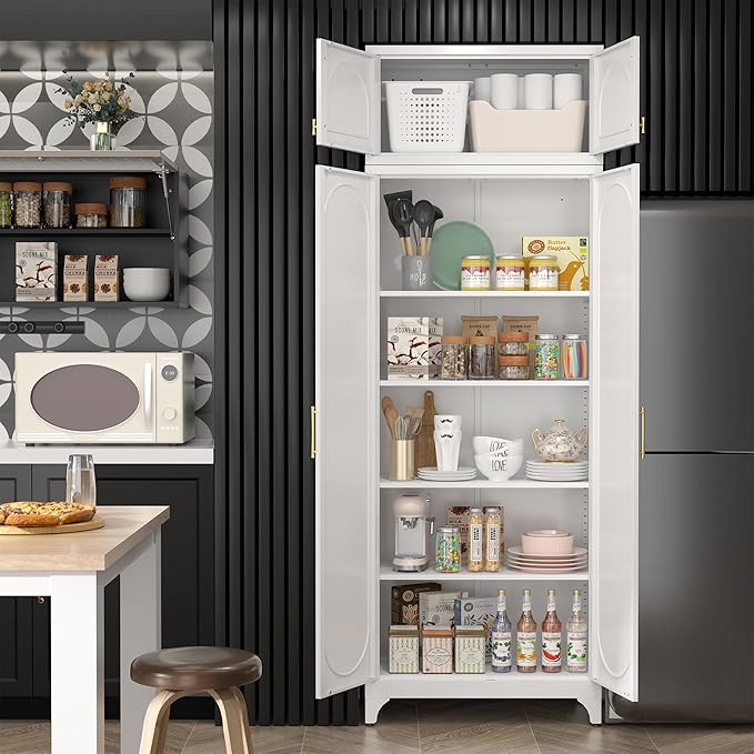 Metal Storage Cabinet and Wall Upper Storage Cabinet,90Inch White Kitchen Pantry Cabinets with 4 Adjustable Shelves,Tall Food Cupboards for Living Room, Dining Room Office