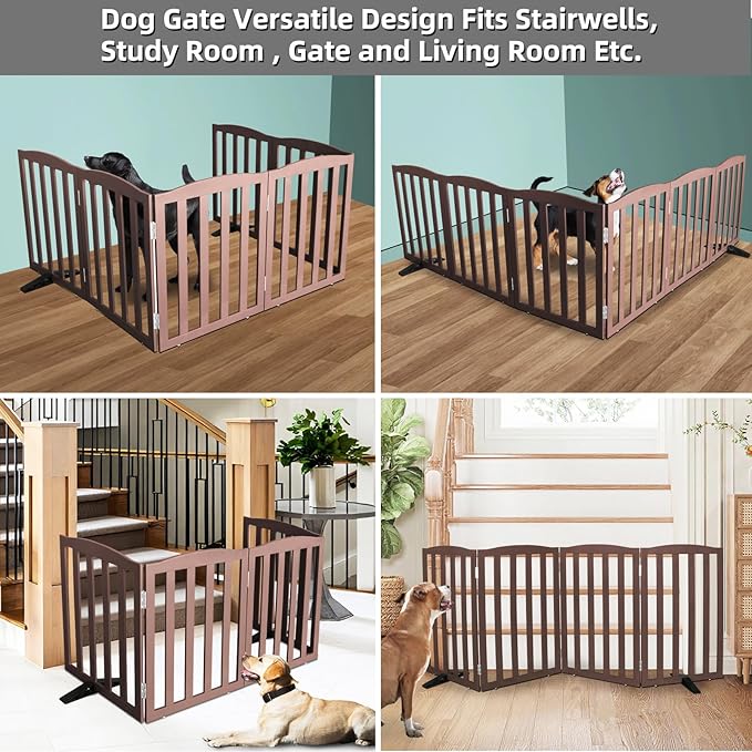 Freestanding Dog Gate Indoor,Doggie Gate Foldable Pet Gates for Doorways,Stairs or Hallways, Wooden Brown Pet Gate for The House, Pet Fence with Support Feet Included,32 "Height-6 Panels