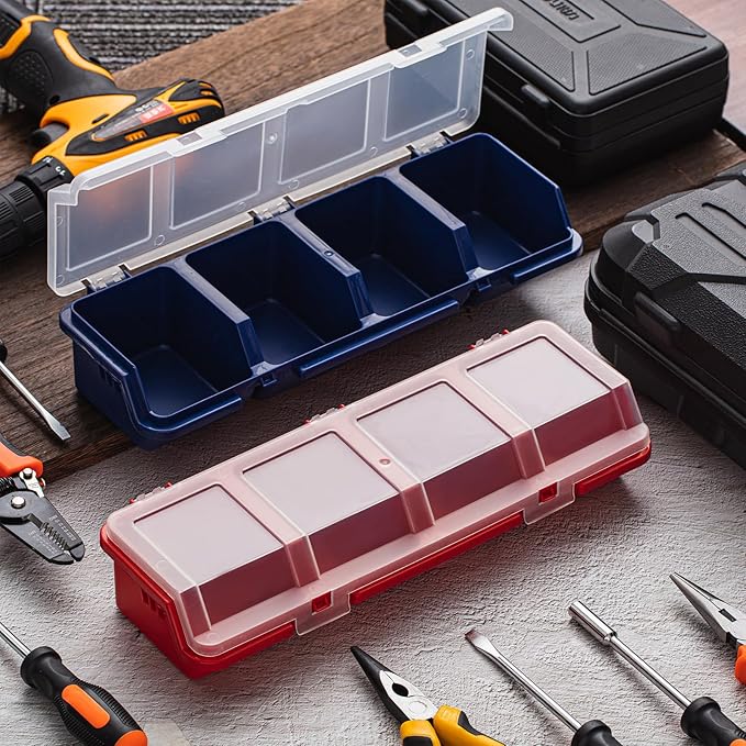 Hushee 6 Pcs Screw Organizer Box with Lid 4 Compartments Tool Bin Divider Plastic Stackable Hardware Organizer Small Part Storage Sorting Screw Box for Garage Workbench Craft Storage (Blue,Red)