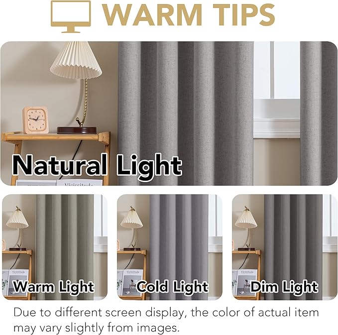 H.VERSAILTEX Linen Curtains 100% Blackout Curtains for Bedroom 102 inch Long Full Light Blocking Nature Linen Blended Window Curtains for Living Room Nickel Grommet (2 Panels, Heathered Dove)