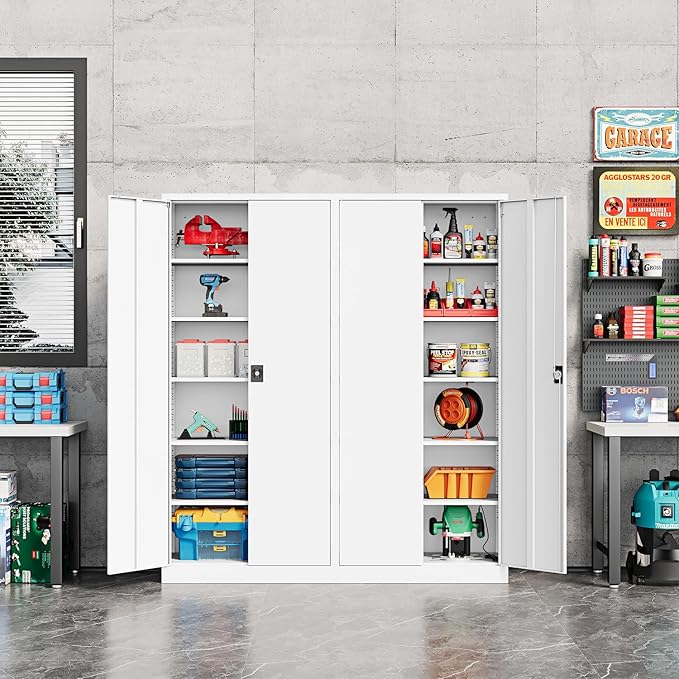 Metal Storage Cabinet-71” Tall Steel File Cabinets with Lockable Doors and Adjustable Shelves-White Steel Storage Cabinet for Home,Kitchen, School, Office, Garage