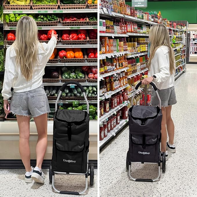 Ultra-Lightweight Black Foldable Shopping Cart for Groceries Large 42L Capacity Rubber Wheels, Removable Insulated Bag Liner, Durable Aluminum Frame, Multi-Function Personal Hand Truck