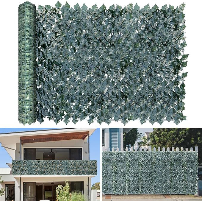 TANG 39"x709" Faux Ivy Privacy Fence Screen Roll- 1Pc Artificial Leaf Fences Greenery with Lattice Panel,Outdoor Green Wall Chain Link Fence Covering for Balcony Backyard Patio, Dark Green Ivy