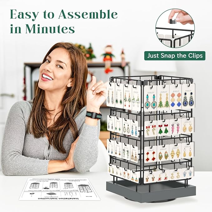 EsLuker.ly Rotating Earring Display Holder Stand for Vendors Events Selling, Large Capacity 64 Hooks Jewelry Rack with Wooden Base for Earring Card Sales, Enhances Retail Visibility(Dark Grey)