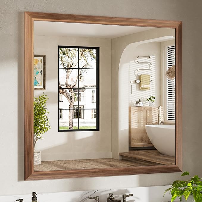40x38 Inch Bathroom Mirror for Wall, Anti-Rust Walnut Wood Grain Metal Framed Bathroom Mirrors for Over Sink,Rectangler Mirrors for Bathroom Vanity, Farmhouse, Bedroom, Living Room, Entryway Decor