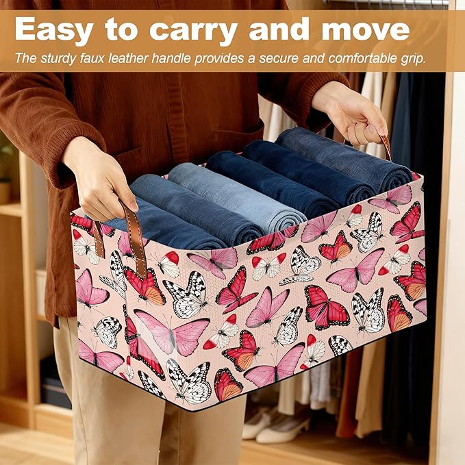Pink Butterfly Storage Bins with Handles, Collapsible Storage for Clothes, Gift Basket, Blankets & Closet Organization