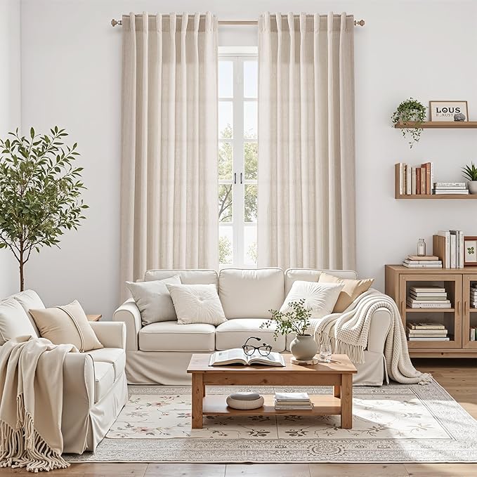 Nanspring Extra Long 120 Inch Curtains for Living Room Cream Beige Linen Light Filtering Semi Sheer Curtain Back Tab Modern Farmhouse Decor Floor to Ceiling High Window for Bedroom 52x120, 2 Panels