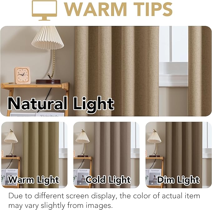 H.VERSAILTEX Linen Curtains 100% Blackout Curtains for Bedroom 84 inch Long Full Light Blocking Nature Linen Blended Window Curtains for Living Room Nickel Grommet (2 Panels, Heathered Macchiato)