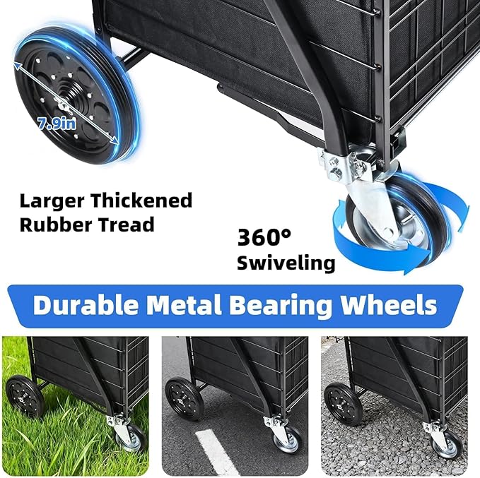 Folding Shopping Cart with Removable Waterproof Liner, 450LBS Capacity Grocery Cart with 39.5 Gal Dual Basket & 360° Swivel Wheels, Heavy-Duty Wagon for Grocery Shopping Laundry Transport