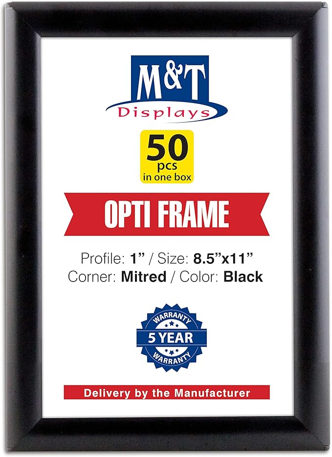 M&T Displays 8.5 x 11 Picture Frame, Front Loading Diploma Frame, Black Color, 1" Profile Size, 50 Packs