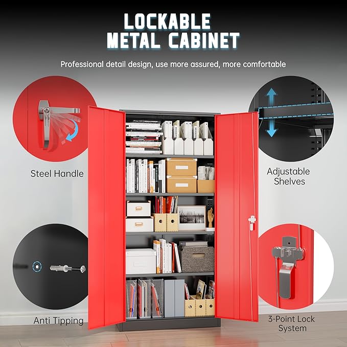 Superday Metal Storage Cabinet with Lock, 72" H Garage Storage Cabinet with Doors and 4 Adjustable Shelves,Black Red Steel Locking Cabinets for Office, Home, Garage, Gym, School