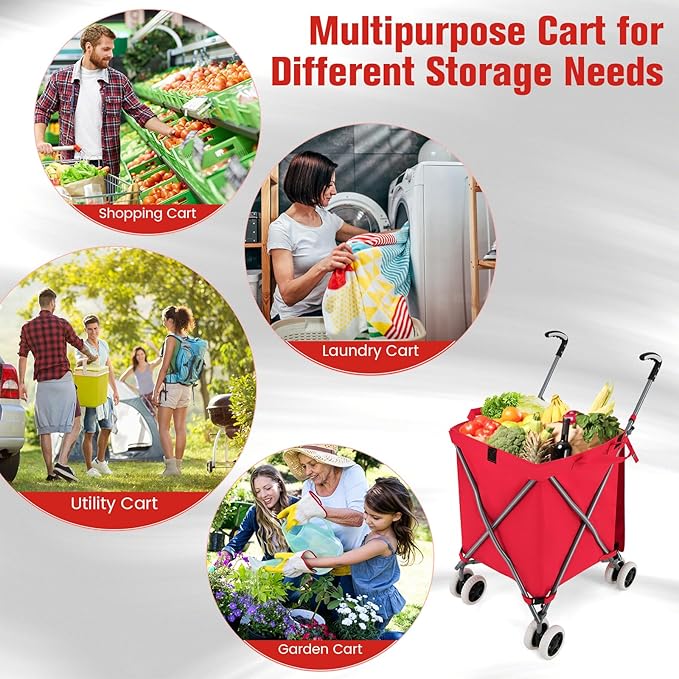GOFLAME Folding Shopping Cart on Wheels, Waterproof Grocery Cart with Removable Cover and 360° Swiveling Wheels, Collapsible Utility Cart for Groceries and Laundry, 120LBS Load Capacity, Red