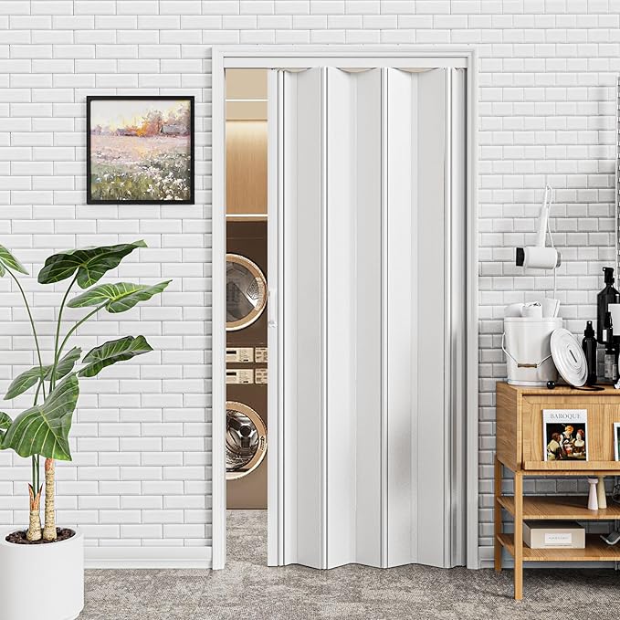 24-36 x 80in Accordion Doors Interior Folding Door, White PVC Accordion Door with Upgraded Roller & Complete Hardware & Handle, for Closet Bathroom Doorways