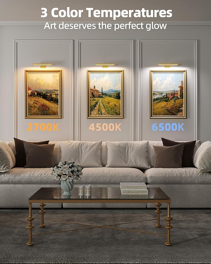 EZVALO Picture Light for Wall, Rechargeable 2400mAh Battery Lights Wireless Remote, 3 Color & Dimmable Magnetic 8'' LED Lights Display for Painting, Living Room, Gallery, Bedroom, Dashboard(Gold-2P)