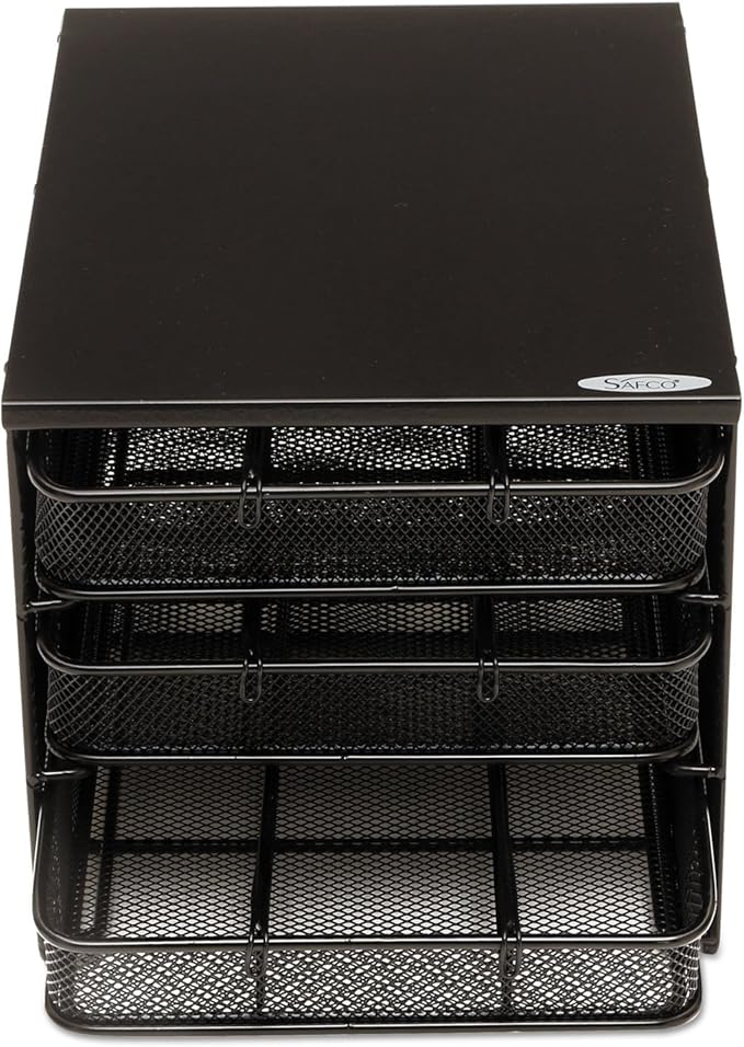 Safco Onyx Hospitality Organizer, 3 Drawers, For Snacks, Coffee Pods, Sugar Sweetener, Stirrer, Napkins and More, Steel Mesh, Black