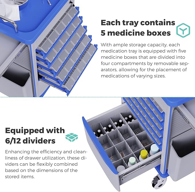 Medication Bins Cart with 200 Bins, 10 Drawers, Hidden Sub Workbench - Dual-Sided Open, 50 Medicine Boxes, Silent Casters, Container, 2 Trash Bin-Medical Crash Cart for Clinic, Hospital and Lab
