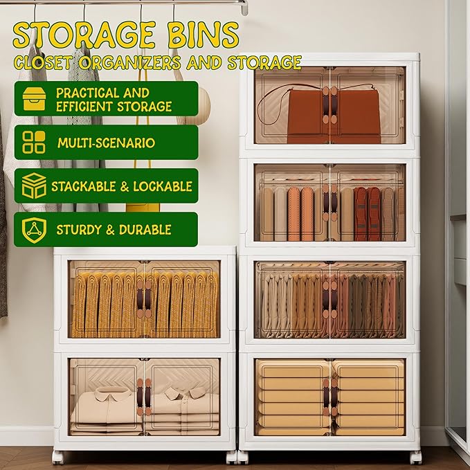 Storage Bins with Lids and Wheels, 398QT-99.5QT*4Tier Collapsible Bathroom Storage Cabinet with Clear Doors, Plastic Stackable Closet Organizers and Containers White