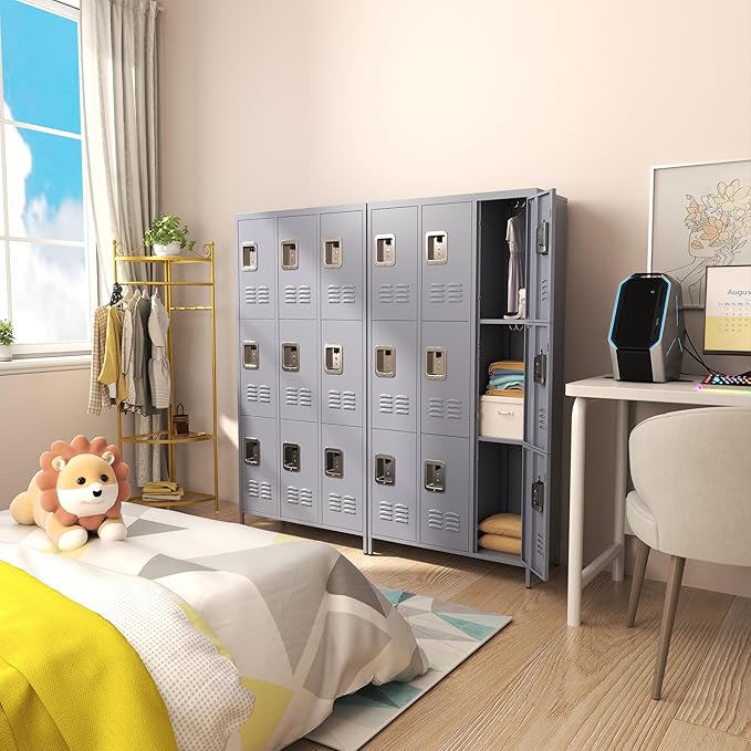 9 Doors Locker Storage Cabinet, Metal Lockers for Office, School, Gym, Home, 72" Tall, Require Assembly (Grey)