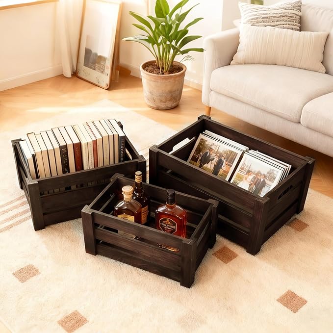 Set of 3 Rustic Wooden Nesting Crates – Farmhouse Decorative Storage Boxes for Shelves, Countertops & Tabletop Display (L/M/S)