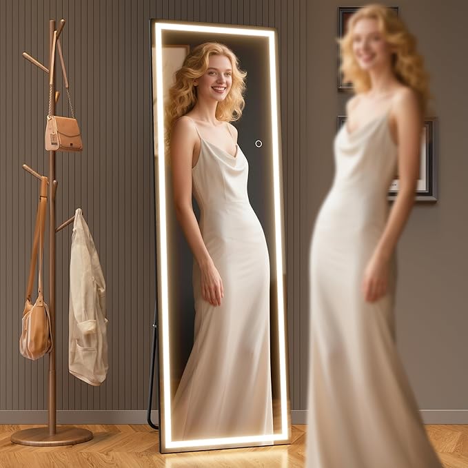 Full Length Mirror with Lights, 67" x 24" LED Lighted Floor Standing Body Mirror, Dimmable & 3 Color Lighting for Bedroom, Cloakroom, Dressing Room, Tempered Glass, Square Black