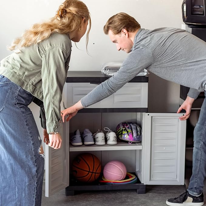 Sunnydaze Plastic Garage Storage Cabinet with Adjustable Shelf - 34.5" H - Garage, Office, Home, Laundry Room - Gray