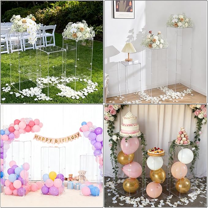 Vincidern 6pcs Acrylic Pedestal Stand for Party, Clear Lucite Square Display Pedestal for Flowers, Sculptures, Cake, Wedding, Events, Art Gallery, Party Decor 31.5*11.8''(2*L), 27.6*11.2''(2*M), 23.6*10.2''(2*S)