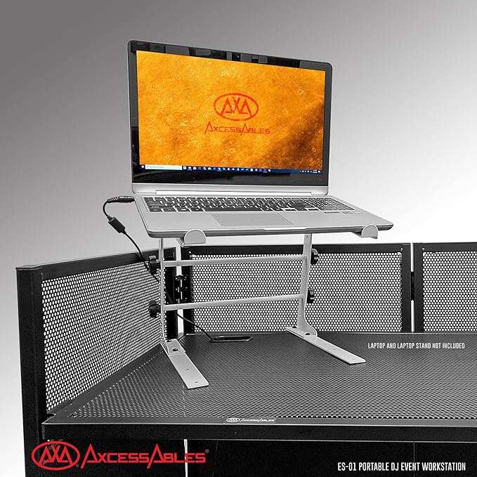 AxcessAbles Portable DJ Facade Booth with Black and White Lighting Scrims, Carry Cases | Standing DJ Table - 40" x 20" | DJ Controller Stand | Recording Mixer Stand | DJ Booth (ES-01)