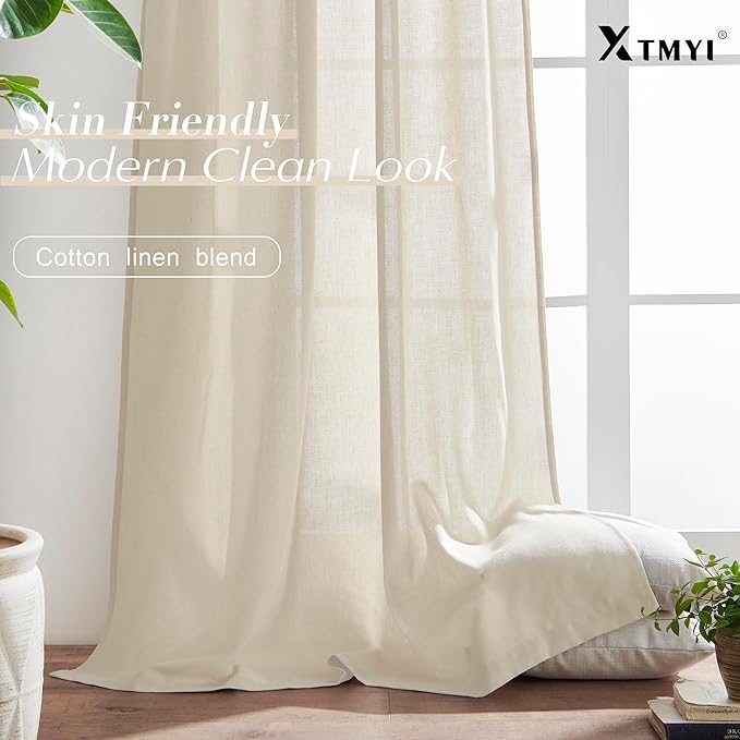 XTMYI Coastal Beach Curtains for Living Room,Sand Beige Light Colored Linen Sheer Cortinas para Cuarto Sala Elegantes Modernas 2023 Con Cortinas Transparentes,102 Inch Long,2 Pieces