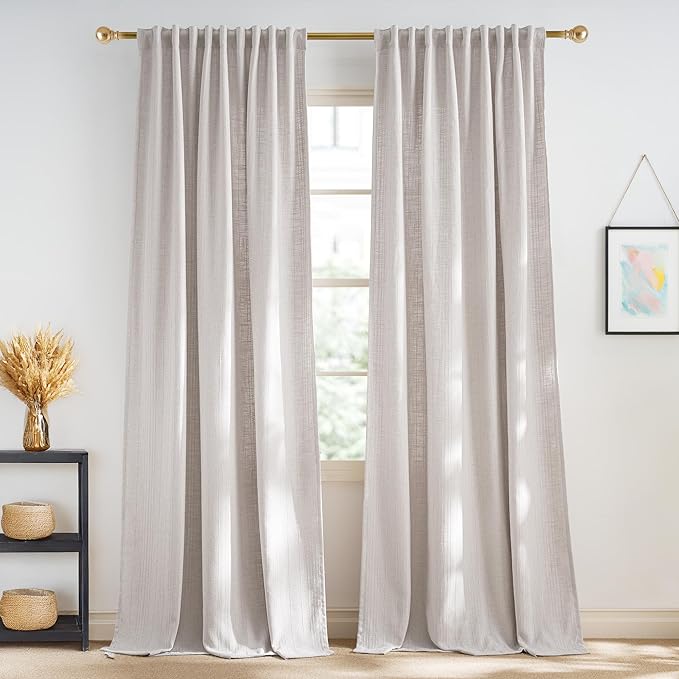 NICETOWN Linen Curtains Jacquard Waffle Weave Pattern, Boho Window Treatments Privacy with Light Filtering Drapes for Living Room, Angora, W52 x L108, 2 Panels