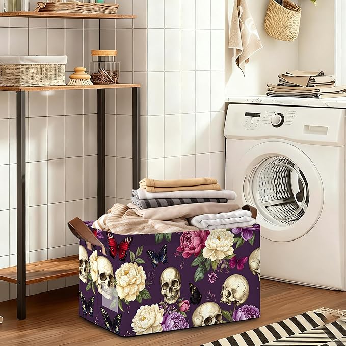 Purple Flower Skeleton Storage Bins with Handles, Collapsible Storage for Clothes, Gift Basket, Blankets & Closet Organization