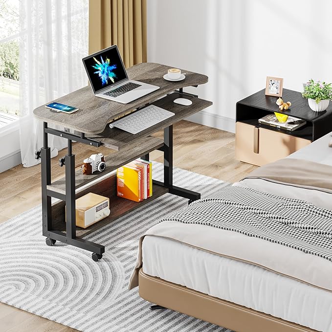 Tribesigns Portable Desk with Power Outlets, Height Adjustable Side Table Sofa Couch Bedside Laptop Computer Cart with USB Charging Ports, Mobile Small Standing Desk with Keyboard Tray