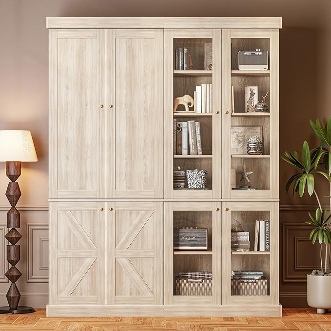 70.8" Tall Farmhouse Bookshelf, Modular Bookcase with Glass Doors, 6-Tier Adjustable Shelves, Large Storage Cabinet for Kitchen, Living Room, Brown, Set of 3