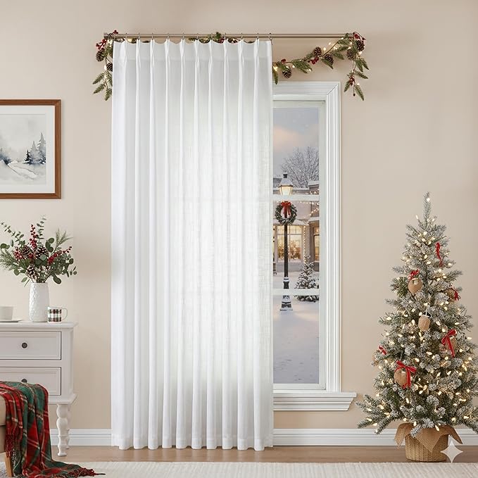 Vision Home White Pinch Pleated Semi Sheer Curtains Textured Light Filtering Window Curtains 90 inch for Living Room Bedroom Patio Rayon Blended Pinch Pleat Drapes with Hooks 1 Panel 60" Wx90 L