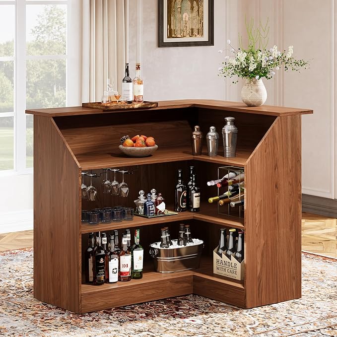 Tribesigns Bar Cabinet, L-Shaped Home Bar Table with Stemware Racks, 4-Tier Corner Bar Unit Liquor Wine Bar Table Reception Desk for Home Pub, Red Brown