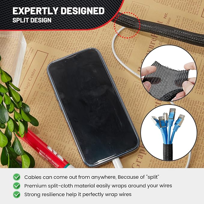 RED WOLF 1/4” x 10FT Cable Sleeves Cord Management Braided Wire Loom Sleeving Protector Wiring Cable Cover Flexible Self-Wrap for Automotive Home Office Anti-Scratch High-Temperature Black