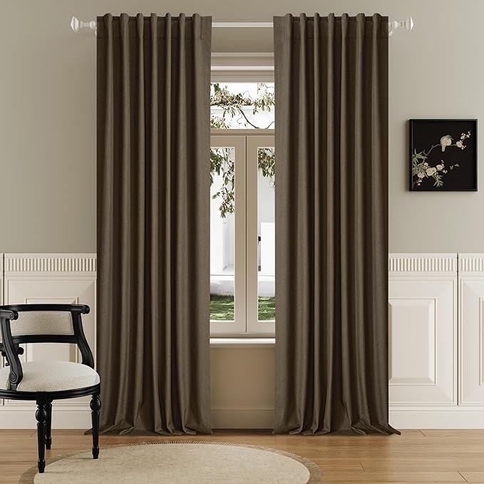 DUALIFE 96 Inch Curtains 2 Panel Set Farmhouse Blackout Heat Reducing Sun Block Out Curtains for Bedroom Dorm UV Blocking Noise Canceling Burlap Linen Look Drapes Rod Pocket Back Tab,50 X 96 Brown