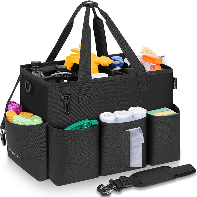 Wearable Cleaning Caddy Bag for Cleaning Supplies, Large Capacity Cleaning Organizer Tote Bag Simple Kitchen Cleaning Supplies Storage Bag for Cleaners Housekeepers (Black)