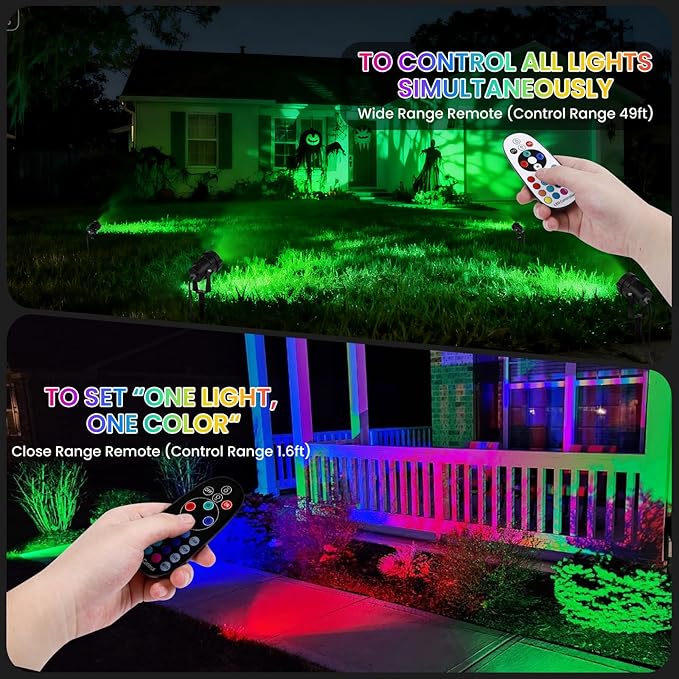 Christmas Spotlights Outdoor: RGBW LED Spot Light Plug in 120V Remote Control 16 Color Changing Landscape Spotlights for Yard Outside House Garden Lawn Path Tree Holiday Décor, 4 Pack (RGB+Warm White)