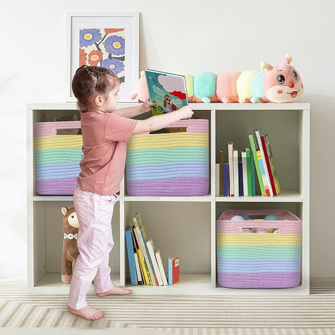 3 Pack Shelf Woven Storage Basket, 15 x 10 x 9” Closet Rope Baskets For Organizing, Square Bins with Handles, Rainbow