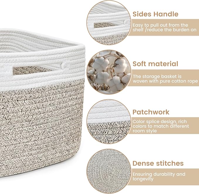 3 Pack Shelf Woven Storage Basket, 15 x 10 x 9” Closet Rope Baskets For Organizing, Square Bins with Handles, White+Rice Brown