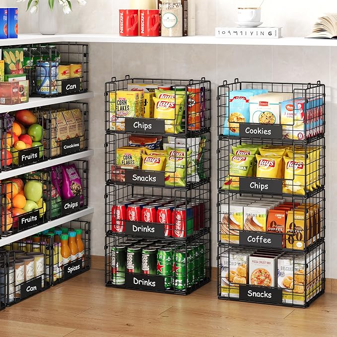 JKsmart Pantry Organizers and Storage, 4 Pack XL Stackable Wire Baskets with NamePlates, Metal Storage Bins for Snack Can Fruit Vegetable Spice