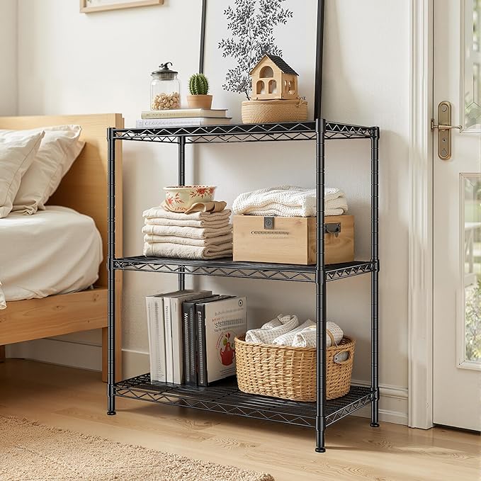 3 Tier Storage Shelves Metal Shelving Unit,Adjustable Wire Rack Pantry Kitchen Shelves,Small Shelf Wire Shelving for Laundry Office Bedroom Dorm Bathroom Closet 24" W x 30" H x 14" D Black Shelves