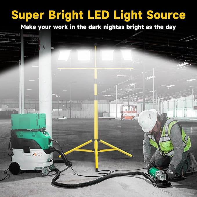 TOPRATED 2 Pack Led Work Light with Stand,28000 Lumen 110V 4 Adjustable Head Outdoor Flood Lights,Foldable Mechanic Light with 16.5Ft Power Cord,Portable Waterproof Tripod with Lamp for Workbench