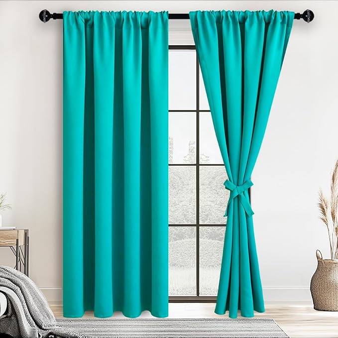 JIUZHEN Blackout Curtains for Bedroom– Thermal Insulated,Noise Reducing Room Darkening Privacy Drapes for Living Room, Set of 2 Panels with Tiebacks, 42 x 72 inch Long, Peacock Blue